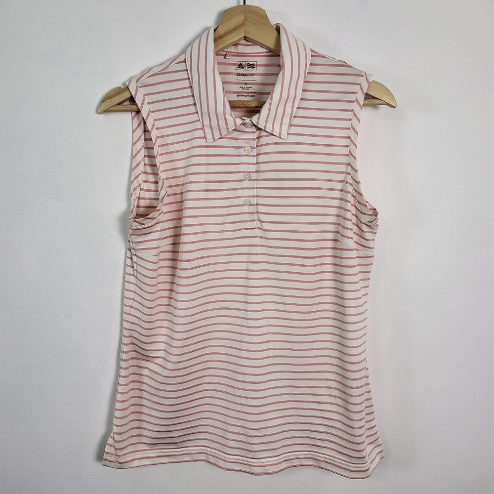 Adidas Climalite Stretch Women Medium White Sleeveless Collard Shirt Pink White